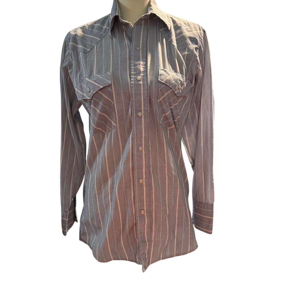 Saddle King 70s Vintage Western Pearl Snap Shirt, Made In USA, Blue, 14.5 x 33